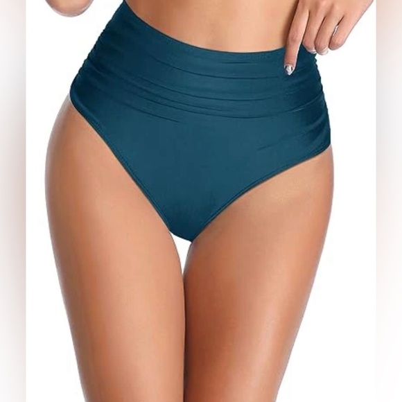 NWT Tempt Me Teal Vintage Swimsuit Retro Halter Ruched High Waist Bikini Set - Picture 9 of 16